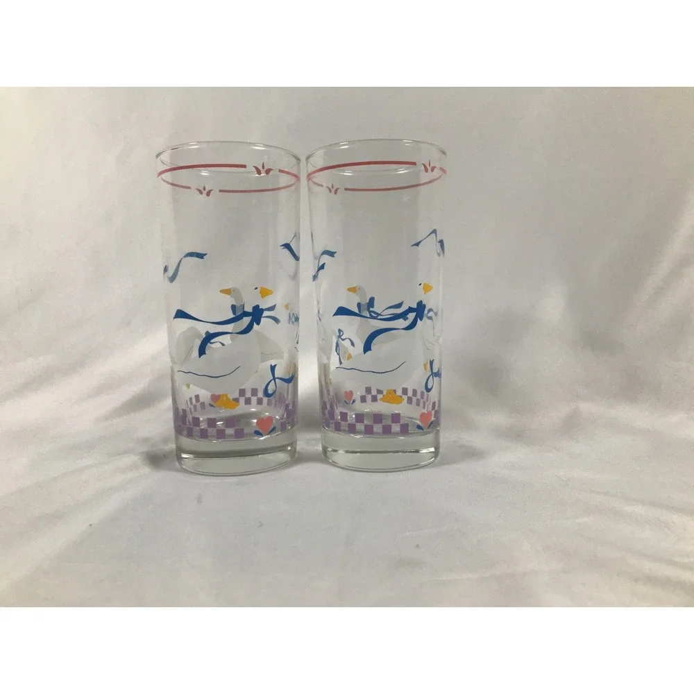 Vintage 80s Country Goose Drinking Glasses White Blue Ribbon Hearts Set of 2